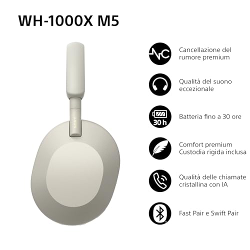 WH-1000XM5 Cuffie Wireless Premium con Cancellazione del Rumore,Bluetooth,Chiamate Chiare,Hi-Res Audio, Fino a 30 Ore di Autonomia, Custodia Rigida Inclusa, Compatibili con iOS e Android – Silver - Cuffia gaming - Immagine 1