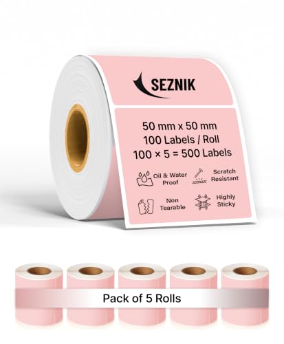 Image of SEZNIK Waterproof, Non-Tearable, Long Lasting Print, Sticky Thermal Lables, Label Roll, 2 inch Adhesive Thermal Labels for Label Printers (50mmx50mm) - 500 Lables, Pastel Pink