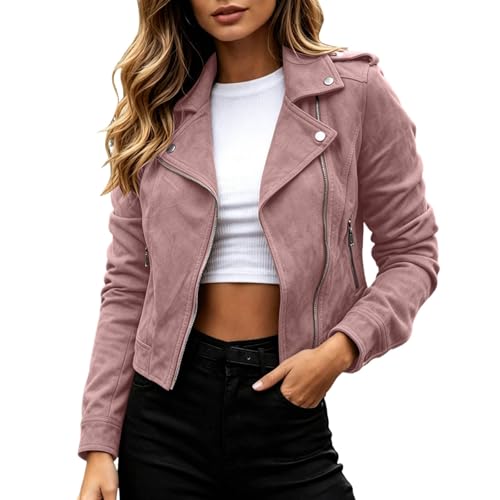 Blouson col à revers femme veste ajustée en suédine unie beige