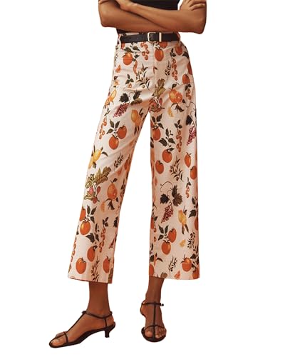 Owl's-Yard Women's Wide Leg Denim Pants Casual Loose Fruit Print Crop Capri Jeans Trousers for Work Office Streetwear