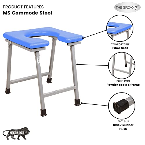 Image of Premium Folding Powder Coated Metal Steel Shower Bathing Room Mobile Commode Stool Indian Toilet Seat for Elderly Disabled man and Pregant Women Support Safe Chair Anti Slip (Blue)
