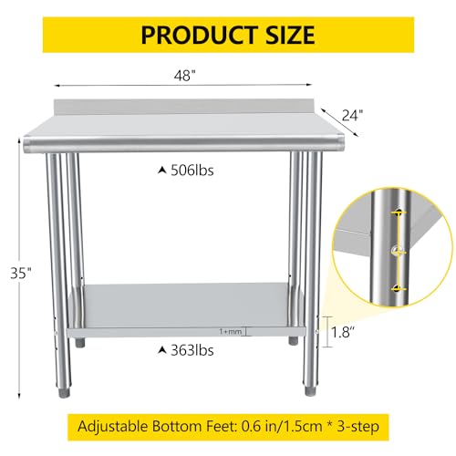 Image of 48x24x35inch Double Layer Stainless Steel Work Table No Caster Wheels with Backsplash