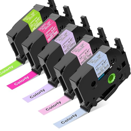 Image of COLORTY Replacement for Brother P-Touch Label Maker Tape TZe 12mm 0.47 Inch Laminated TZ Colored Tape Compatible with Brother P Touch Label Maker PT-D210 PT-H110 PT-1880 PT-D400, 1/2" x 26.2', 5 Pack