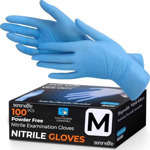 Image of Serenelife 100 count Medium Gloves Nitrile Disposable Latex & Powder Free - Great for Kitchens, Food Handling & Cleaning Supplies - Soft & Comfortable fit - Vinyl & Nitrile blend - Medium -100 Pack