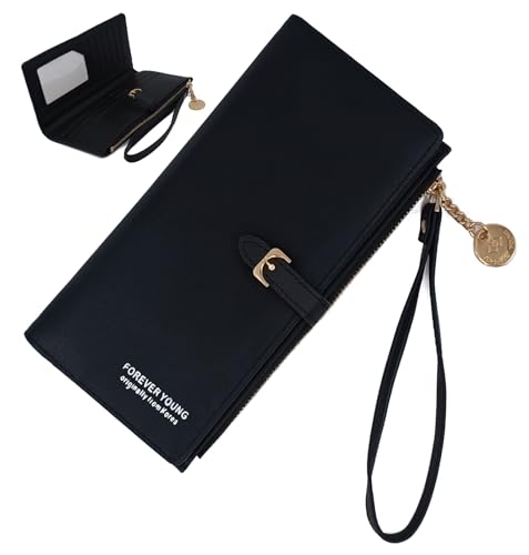 PORT&LOTUS Bifold Wallet with Zipper Pocket - PU Leather Zip Wristlet Wallet for Women - Black Slim Wallet for Cash and Cards