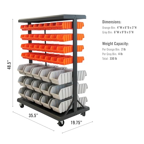 TRINITY 7-Tier Dual-Sided Rolling Bin Rack, 330 Pound Capacity, Includes 94 Organizer Bins, 19.75" x 35.5" x 48.5", Black