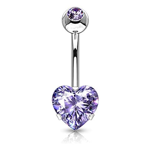 PiercedOff 316L Surgical Steel Belly Bar with Tanzanite CZ Heart - Thickness 14GA (1.6mm) / Length 10mm / Top Ball 5mm and Heart Size is 7mm Cover