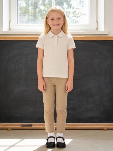 Bienzoe Girls School Uniform Pants: Adjustable Waist Cotton Stretch Regular Size Flat Front Kids Slacks