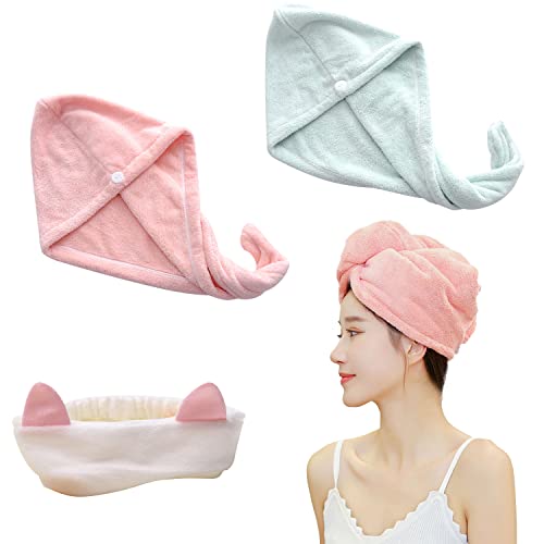2 pañuelos secos para el cabello, 1 cinta para el pelo facial, gorro de ducha con botones, gorro de secado rápido, toalla de microfibra, absorción de agua ultrarrápida y cabello seco (rosa, verde)