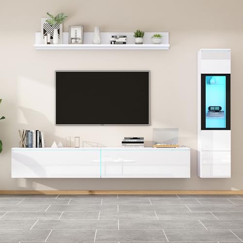 NuvlaGu TV Wohnwand 3-teilig mit LED Beleuchtung, Hochglanz Weiß – Wohnzimmer Möbel Set mit TV Lowboard, Vitrine & Wandregal, modern, für große Fernseher bis 79 Zoll