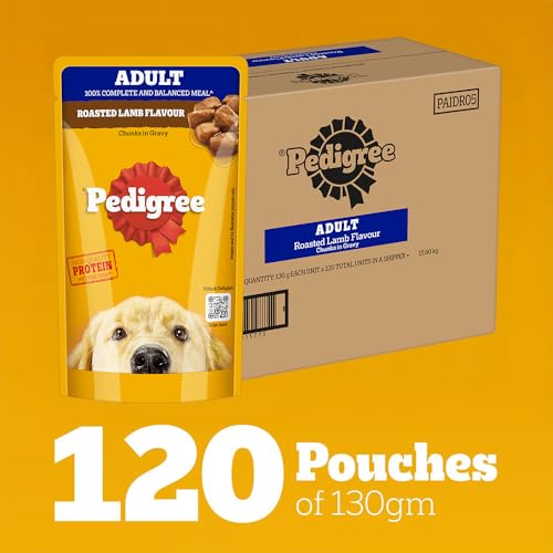 Image of Pedigree Adult Wet Dog Food, Roasted Lamb Flavour Chunks in Gravy, 130 g (Pack of 120), Complete & Balanced Meal for Adult Dogs