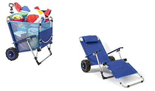 MacSports 2-in-1 Beach Folding Lounge Chair+Cargo Cart for Tanning Outdoors Sunbathing | Sun Chair, Tanning Chair, Portable, Lightweight, Lounger for Patio, Collapsible with All-Terrain Wheels | Blue