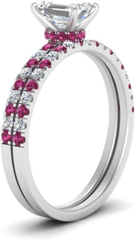 Hidden Halo Half Way Wedding Ring Set Sterling Silver Created Pink Sapphire Emerald Shape Pink Color Wedding Ring Sets Prong Setting in Size 13 Casual Wear for Gift SR-D331-EMERALD-CPS-13.5