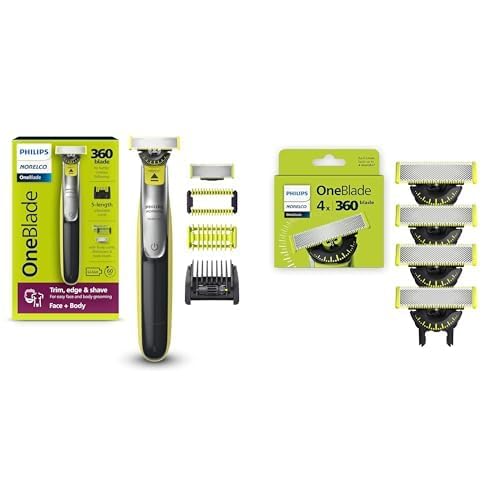Philips Norelco OneBlade 360 Face + Body, Hybrid Electric Razor & Beard Trimmer, QP2834/70 with Philips Norelco OneBlade 360 Replacement Blades, 4 Pack, QP440/80 - Precise, Comfortable Grooming