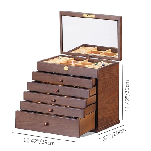Vintage Rustic Wooden Jewelry Organizer boxes with 5 Drawers & Lock | Large Storage Box for Necklaces, Rings, Earrings | Handcrafted Gift for Women