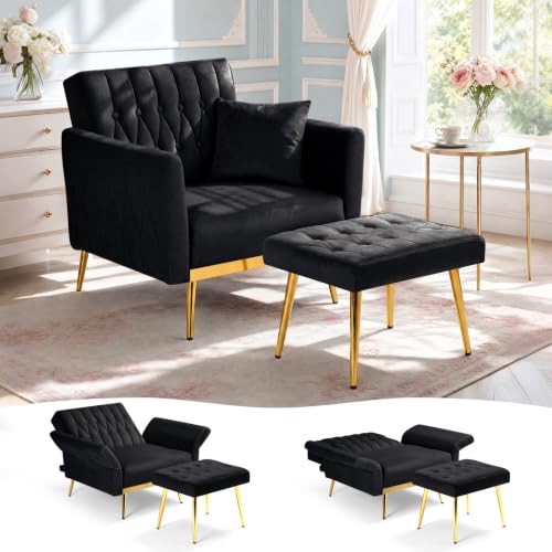 ACMEASE Velvet Accent Chair w/Ottoman & Adjustable Backrest, Black