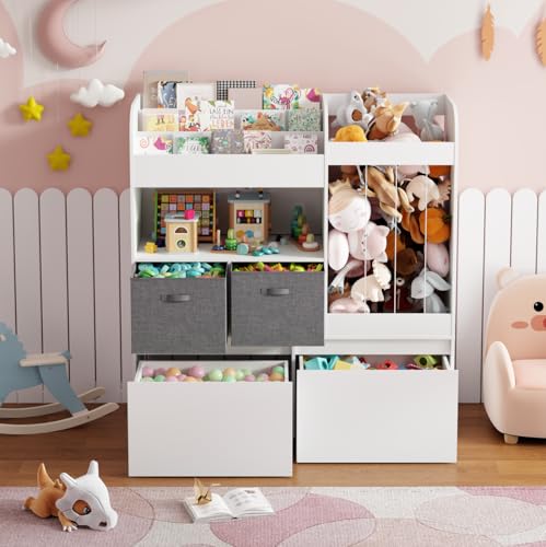 Image of 42.9'' Toy Storage, Large Stuffed Animal Holder with Toy Chest and Play Mat, Toy Organizer with Kids Bookshelf, Wooden Organization with 2 Movable Drawers for Kids Room Bedroom Playroom,White