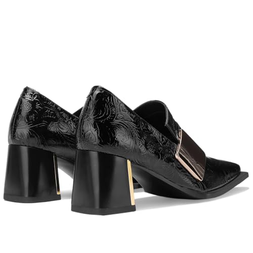 Image of Loafers for Women Patent Leather Buckle Square Toe Chunky Block Dress Slip On Wide Casual Comfortable Dressy High Heels Ladies Comfort Moccasins Elegantes 2 Inch Shoes