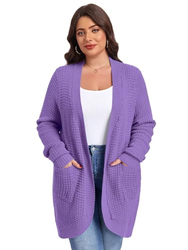 Image of LARACE Long Cardigans for Women Plus Size Tops Open Front Sweaters with Pockets Waffle Ribbed Sleeve Loose Fall Outwear
