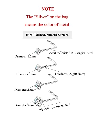 FANSING 4 Pieces Different Sizes 316L Surgical Steel Nose Studs L Shaped2