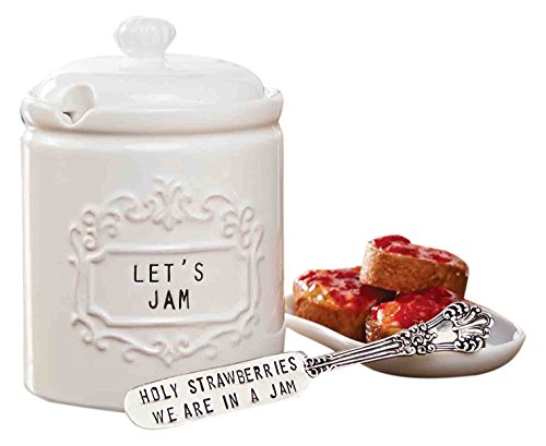 Mud Pie Vintage Ceramic Jam Jar Set with Spreader, White