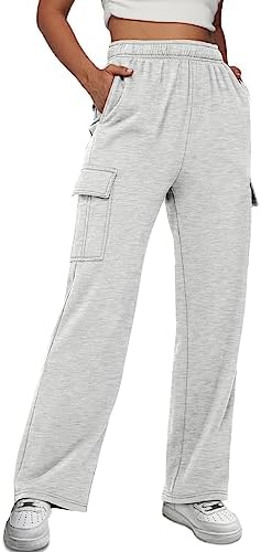 AUTOMET Womens Cargo Sweatpants Baggy Fleece High Waisted Joggers Sweat Pants Athletic Drawstring Casual Wide Leg Loose Fit Fall Pants with Pockets 2025 Grey S