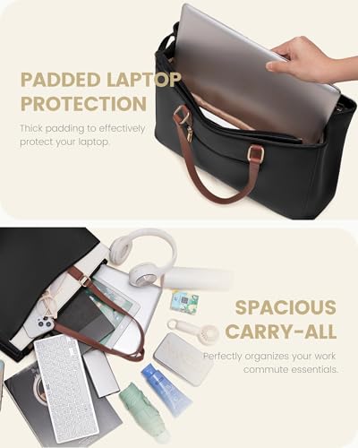LOVEVOOK Laptop Tote Bag for Women, Work Bags Teacher Tote Bag, Waterproof Leather Computer Bag, Business Laptop Purse Office Handbag Professional Briefcase, 17 Inch, Black-Beige-Brown4