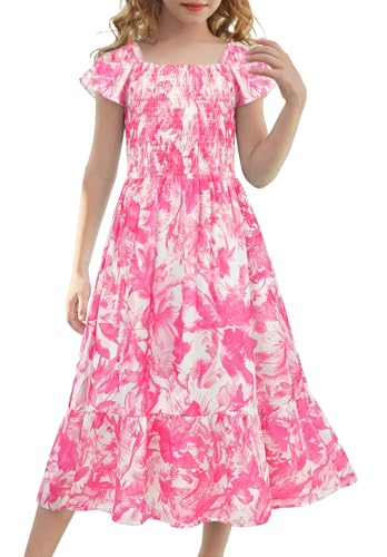 GRACE KARIN Girls Summer Hawaiian Dresses Size 10 Tween Girl Floral Easter Dress Kids Spring Maxi Dress,Hot Pink