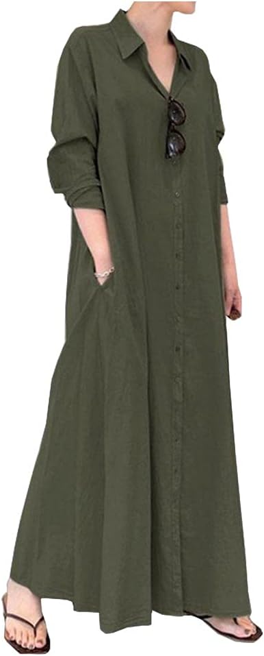 Ladyful Women's Button Down Cotton Linen Shirt Dress Long Sleeve Maxi Shirtdress Beach Summer Dress Pockets