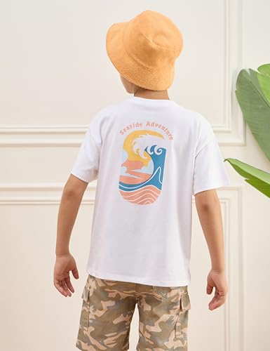 Image of Amazon Brand - Symbol Boy's Graphic Print Oversized Fit T-Shirt and Cargo Shorts (KD-TSB-SS25-10 (6-14 yrs) White + Khaki Camo 10-12 Y)