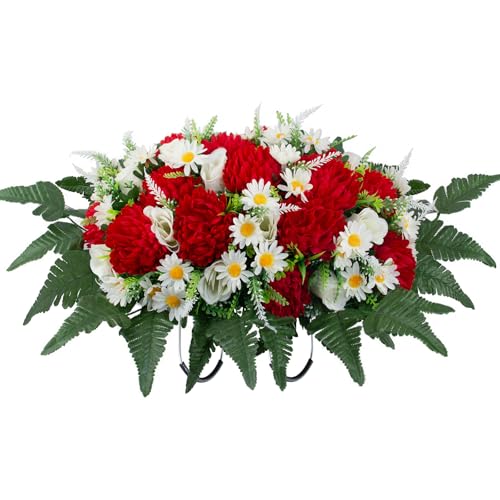 LOYWREE 30 Artificial Cemetery Flowers Headstone Saddle UV Resistant Silk Red Mums & White Roses Grave Saddle Realistic Outdoor Grave Flowers for Memorial Day Decorations