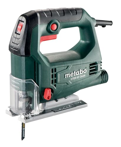 metabo Stichsäge STEB 65 Quick - 450 W, 65 mm Schnitttiefe Holz, 18 mm NE-Metall, 4-fach Pendelhub, 600–3000/min Hubzahl - Werkzeugloser Sägeblattwechsel, Softgrip, Absauganschluss - Inkl. Zubehör