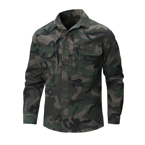 CoXuantion Camisa de Manga Larga para Hombre Exterior Protección UV Funcional Camisa Ligera Transpirable para Senderismo Pesca Caminar y Viajar M,Camuflaje