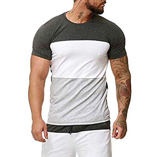 sweetnice man clothing Mens Basic Striped T-Shirt Casual Crew Neck Casual Slim Fit Stripes Short Sleev Top Tees S-XXL Gray