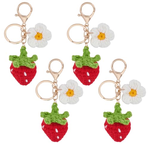 Porte-clés en crochet fraise et fleur : lot de 4 accessoires faits main pour sac et clés