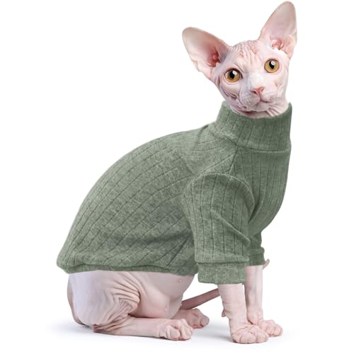 Idepet Sphynx Hairless Cats Sweater Shirt Kitten Soft Puppy Clothes Pullover Cute Cat Pajamas Jumpsuit Cotton Apparel Pet Winter Turtleneck for Cats and Teacup Chihuahua Small Dogs(Green,L)