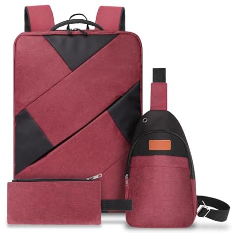 3 Pieces Set Laptop Backpack, 15.6 Inch Men Women Laptop/Tablet, Durable, Water-Repellent, Lightweight, Clean Design, Sleek for Travel, Business Casual or College, Red Cover