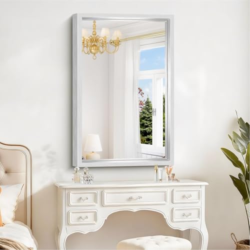 Image of Bathroom Mirror, 24 x 36 inch Brushed Silver Rectangle Mirror, 0.6 inch Thickened Deep Metal Frame Rectangular Vanity Mirror, Wall Mounted Mirror for Bedroom Living Room, Horizontal or Vertical