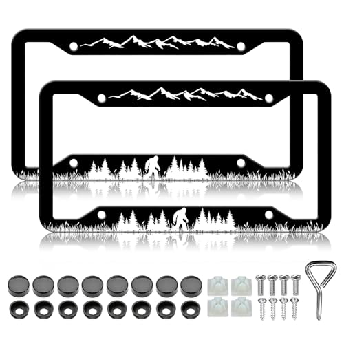 Mountain Bigfoot License Plate Frames - 2 Pack Forest Tree License Plate Holder Covers Aluminum Metal Rust-Proof Waterproof Car Tag Frame with Screws Fasteners Caps