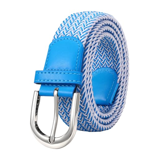 JasGood Cinturón elástico de lona trenzada Cinturón informal elástico para hombres y mujeres, Azul/blanco+hebilla de plata, 100cm: Für Größe 66cm-79cm
