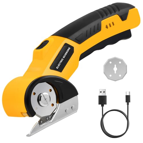 Focenat Ciseaux Électriques Tissu Couture, Coupe Carton Électrique 4 V Ciseaux Couture Électrique Rechargeable avec 2 Lames, Cutter Rotatif pour Carton, Tissu, Cuir, Tapis, Plastique