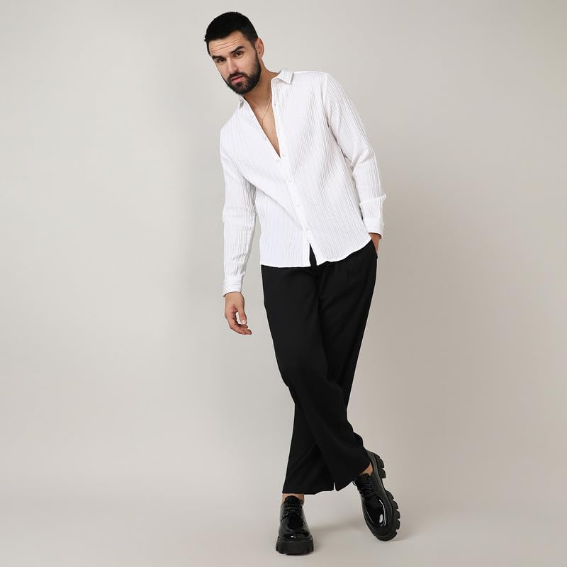 Image of CAHOOT Men's Self-Design Striped Shirt for Casual Wear | Spread Collar | Long Sleeve | Button Closure | Shirt Crafted with Comfort Fit for Everyday Wear