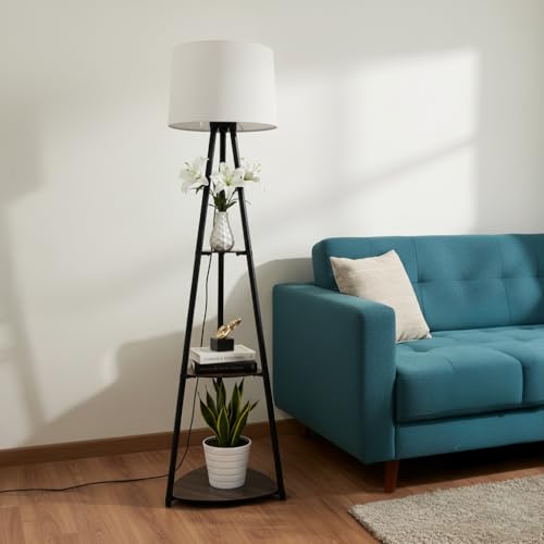 Image of Tripod Metal Floor Lamp with Shelves - Stylish Standing Lamp for Living Room Decoration Bedroom Bedside Corner Stand Aesthetic Home Decor with Storage Shelves (Cotton White) LED Bulb Included