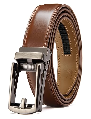 Image of Chaoren Leather Ratchet Belt 2 Pack Dress with Click Sliding Buckle 1 3 /8 inch in Gift Set Box - Adjustable Trim to Fit