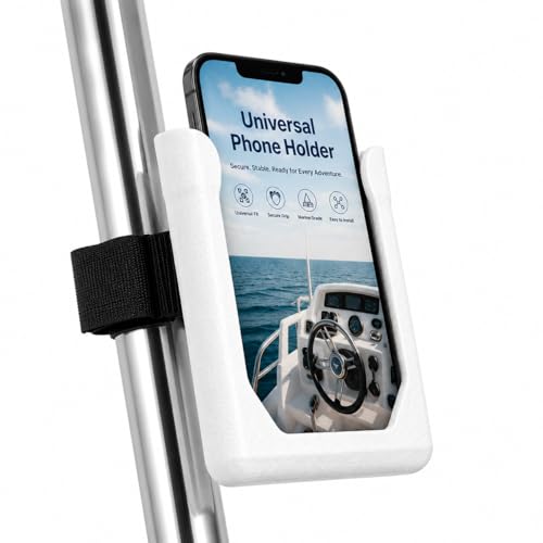 Universal Strap-On Phone Holder Mount | Attaches to Boat Rails, Golf Carts, Strollers, Wheelchairs, Bikes, Scooters & Fitness Equipment | Phone Cradle with Secure Straps | Made in USA (White)