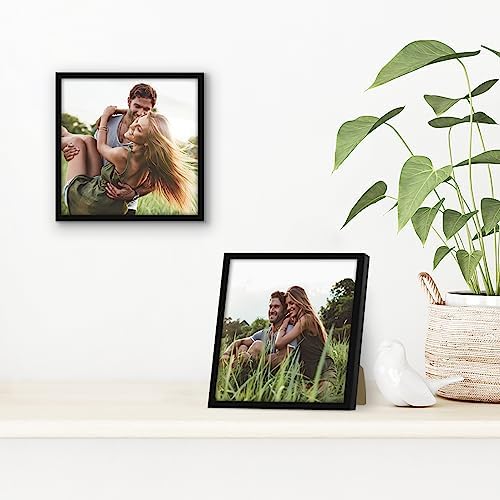 Americanflat 7x7 Picture Frame with Shatter-Resistant Glass - Streamline Collection - Thin Border Square Frame for Tabletop and Wall Display - Hanging Hardware and Easel Stand Included - Black