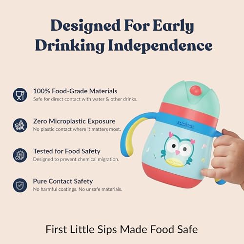 Image of rabitat Gravity EasyFlow Stainless Steel Sippy Cup 390 ml | 2 Years Brand Warranty | Leak Proof | BPA Free Soft Silicone Straw | Sippy Cup for Kids with Weighted Straw, Sky Hoot