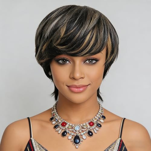 ALISFEEL Highlight Pixie Cut Wig with Bangs Human Hair for Women Mullet Wigs with Side-Swept Bangs Lightweight Wolf Cut Bob Wigs Human Hair Short Bob Wig Highlights of Blonde and Light Ash Blonde