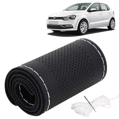 Image of KINGSWAY PU Leatherite Car Steering Cover Sewable Compatible with Volkswagen Polo (Year 2009 Onwards), Black Color with Silver Thread, Pack of 1 with Sewing Needle and Thread