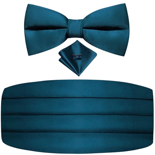 Image of Dubulle Mens Cummerbund and Bow Tie Set Paisley Floral Pretied Bowties for Men Pocket Square Cufflinks Wedding Business